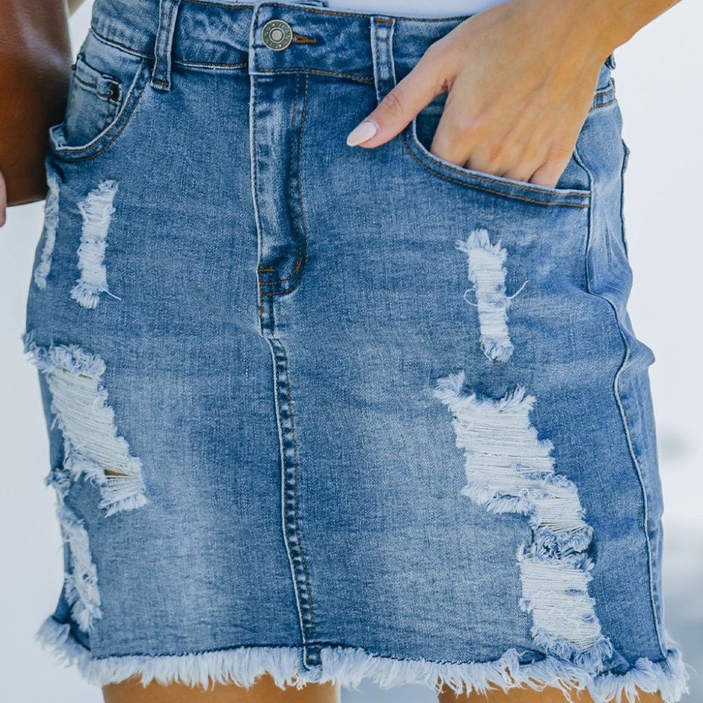 Blue Distressed Raw Hem Denim Jean Mini Skirt - Picture 5 of 7